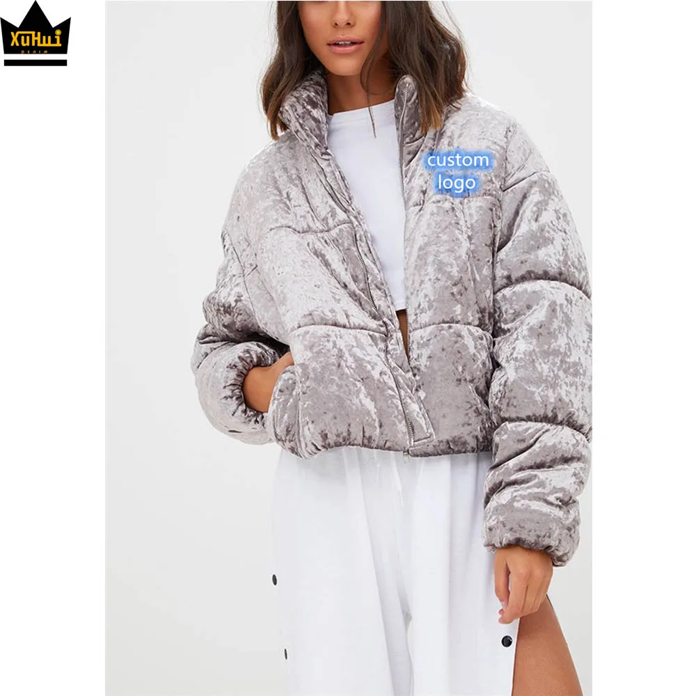 Trendy wholesale bubble grey velvet cropped puffer jacket womens padded plus size jackets winter  woman coats blazers