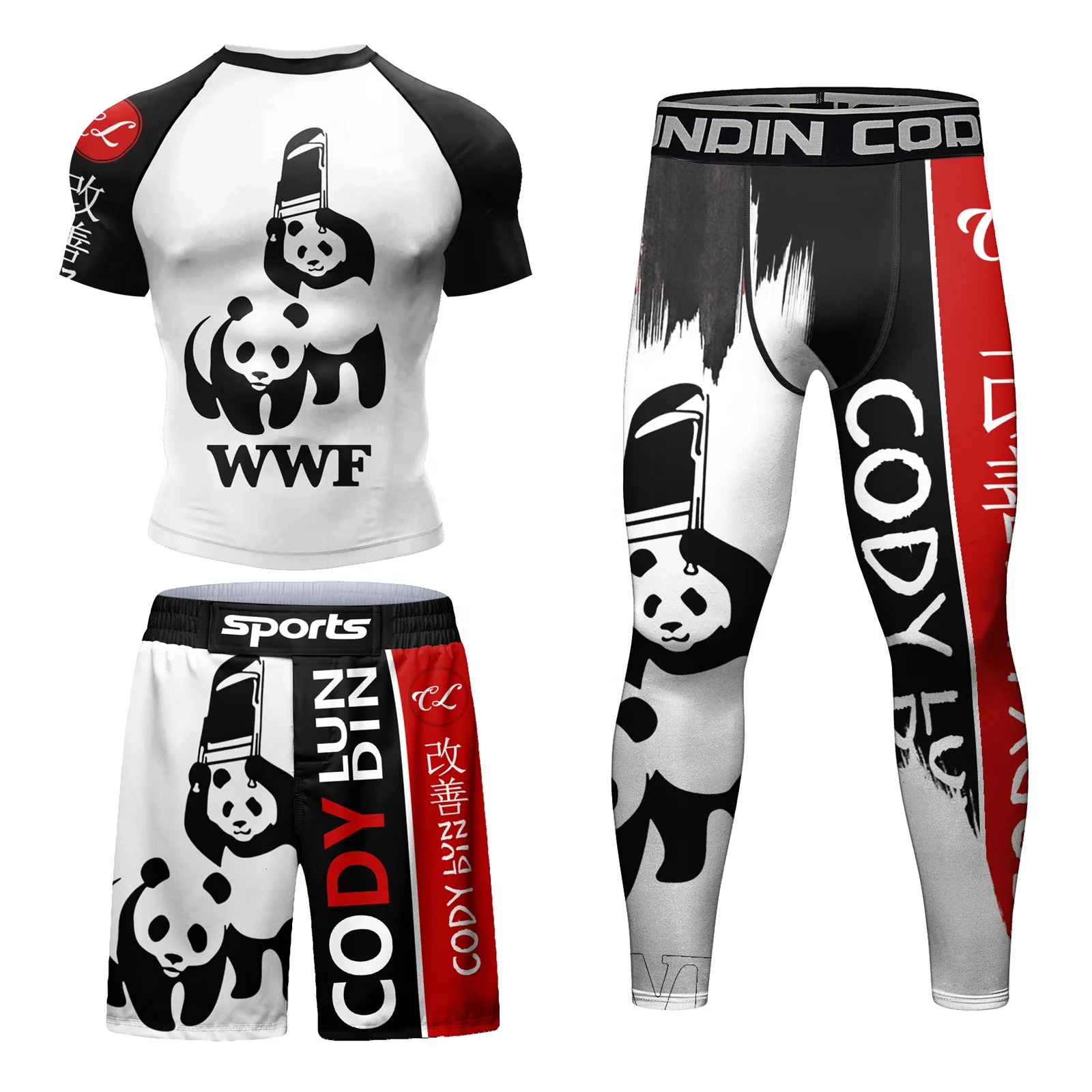 Customized Logo Cody Lundin Men Compression Sportswear Polyester Sunscreen t shirt For Swimming Surf Jiu jitsu BJJ Rashguard Set
