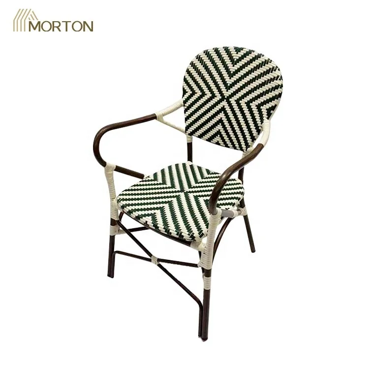 Classic French Cafe Chairs Arm Metal Wicker Rattan High Garden Chairs Outdoor Unique Restaurant Furniture