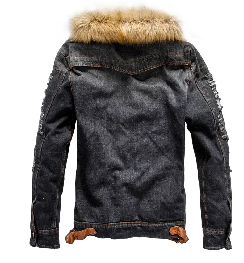 
Winter Autumn Pocket Button Warm Faux Fur Coat Men Denim Jacket with Fur Collar 