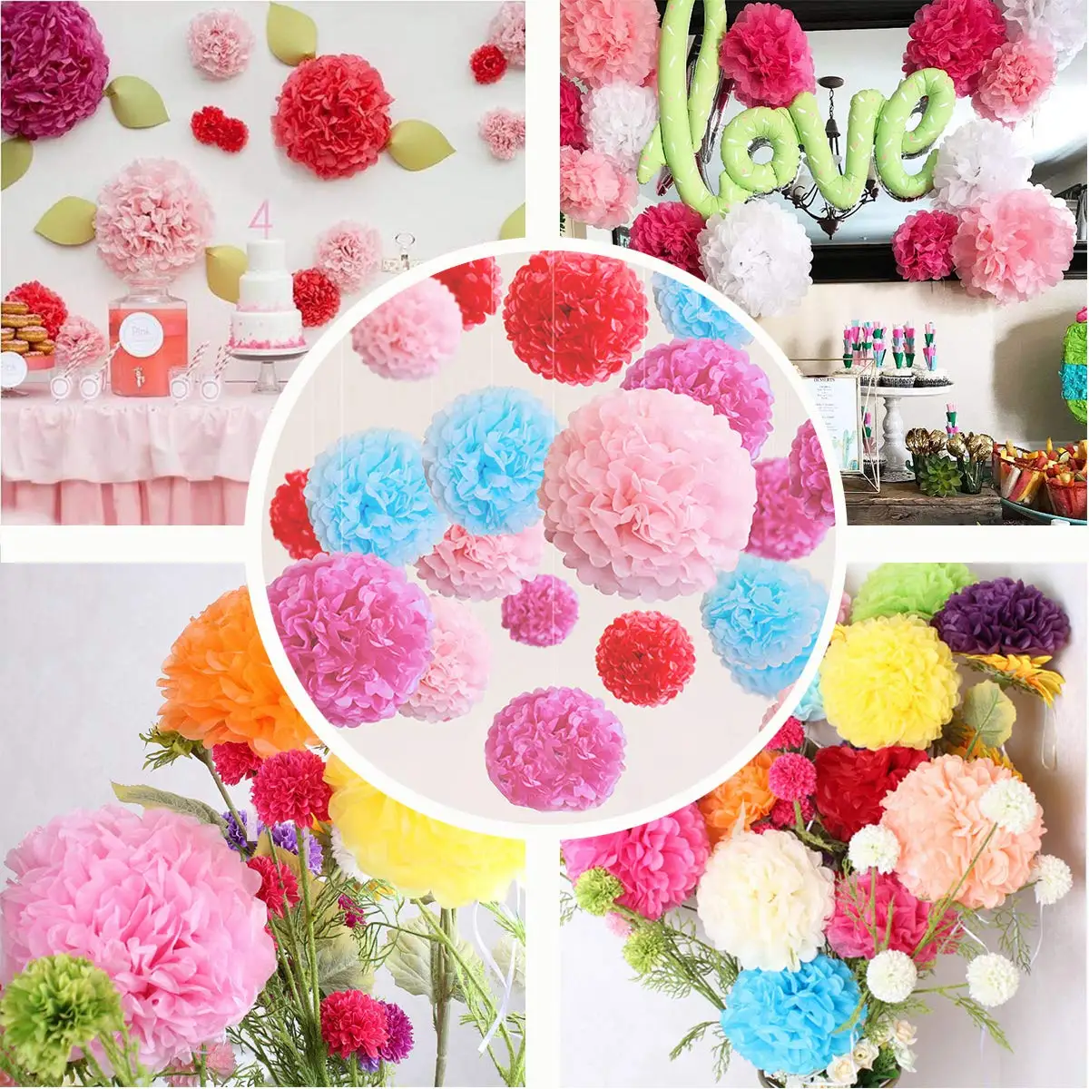 Wholesale Colorful and Various Sizes DIY Craft Hanging Tissue Paper Pom Poms Flower Balls Decoration