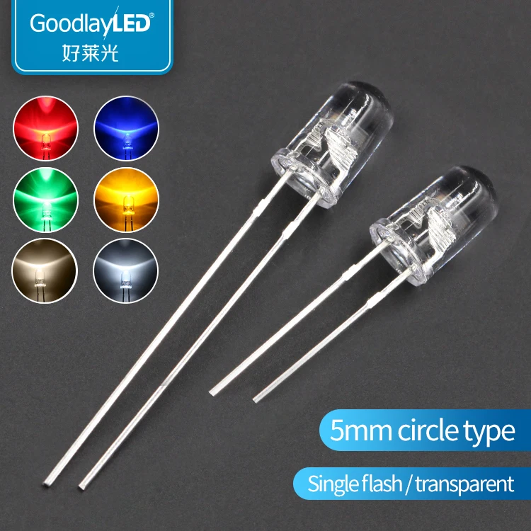5 мм круглая головка прозрачная Одиночная вспышка красная желтая синяя зеленая Белая светодиодная прямая подсветка