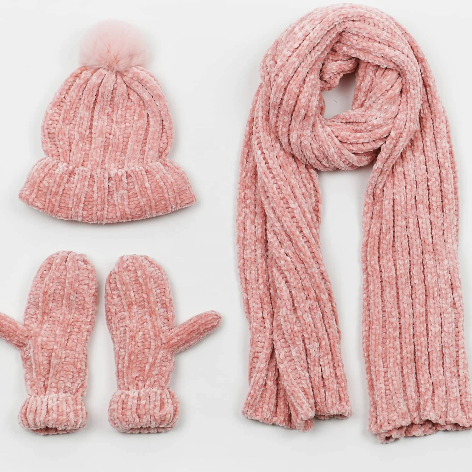Chenille soft beanie hats scarf gloves sets chunky knit manufacturer for winter women with custom logo soft cute warm fluffy
