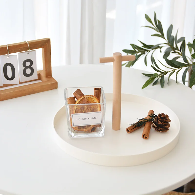 Nordic Round Plastic Jewelry Tray Living Room Kitchen Household Decoration Cosmetic Sundries Storage Tray with Solid Wood Handle