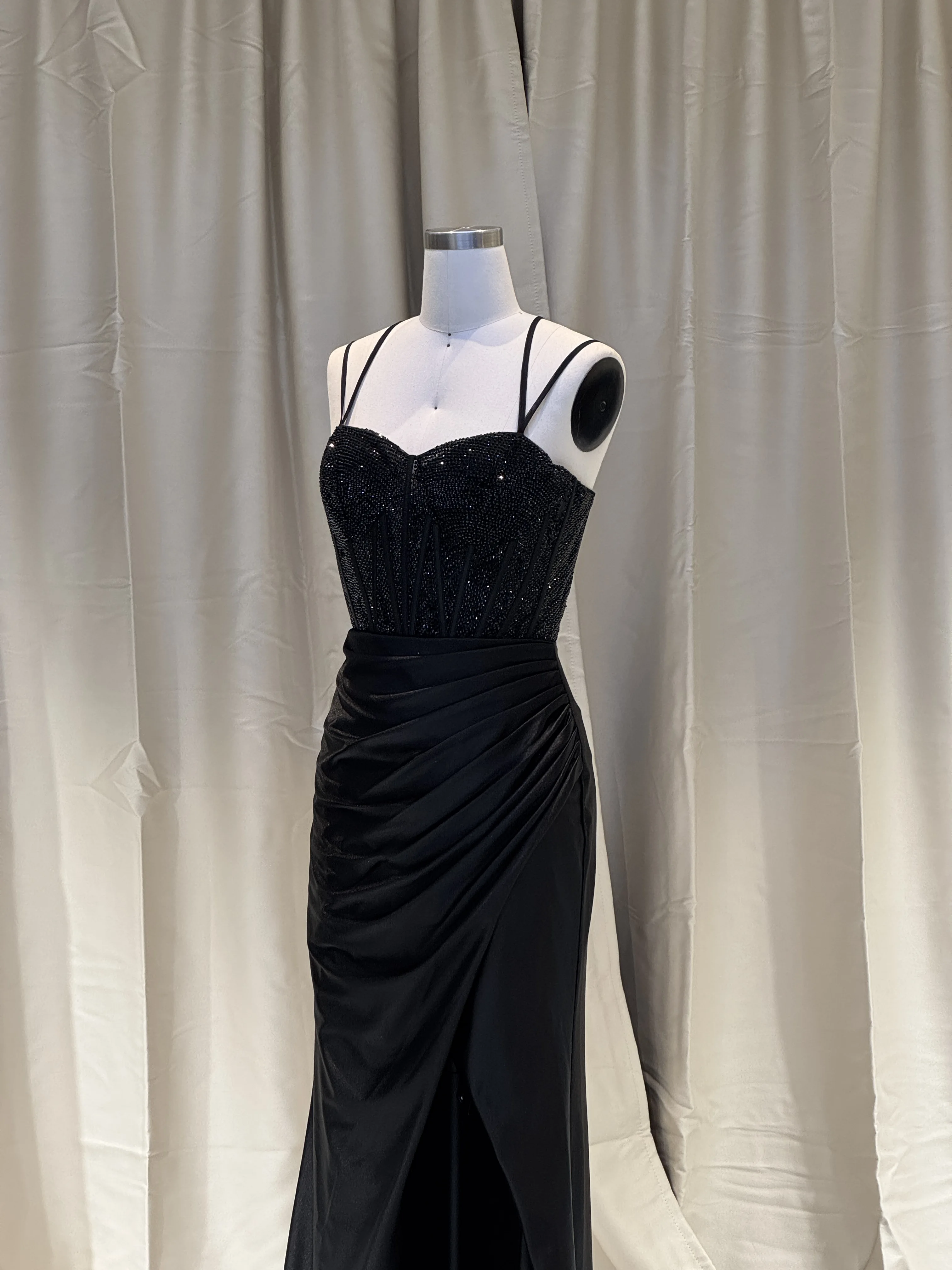 2025 Elegant Satin Mermaid Corset Side Split Evening Prom Dresses Black Beaded Long Sleeve Hand Pleated Cotton Fabric Summer