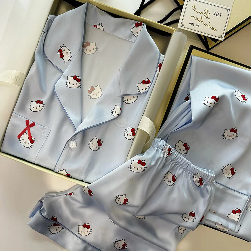 Cute cartoon Hello kt Kitty high-end ice silk pajamas that can be worn outside three piece pajama set