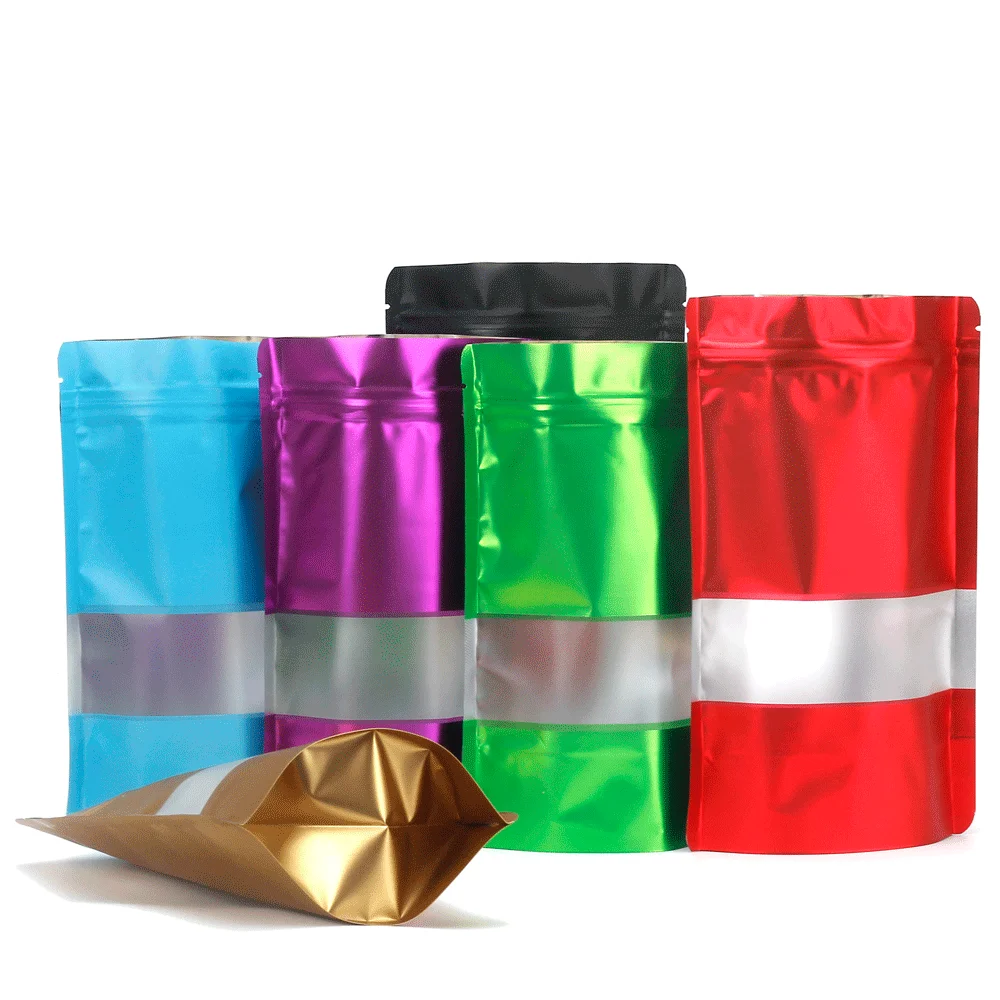 small metallized packaging bags,red black green golden sachet,stand up pouch with window for business