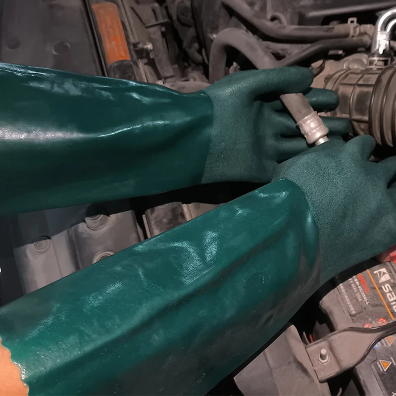 Rubber PVC Coated Hand Gloves Green, Large,Rough Sandy Surface Work Safety Gloves with Gauntlet Cuff, Soft Jersey Lining
