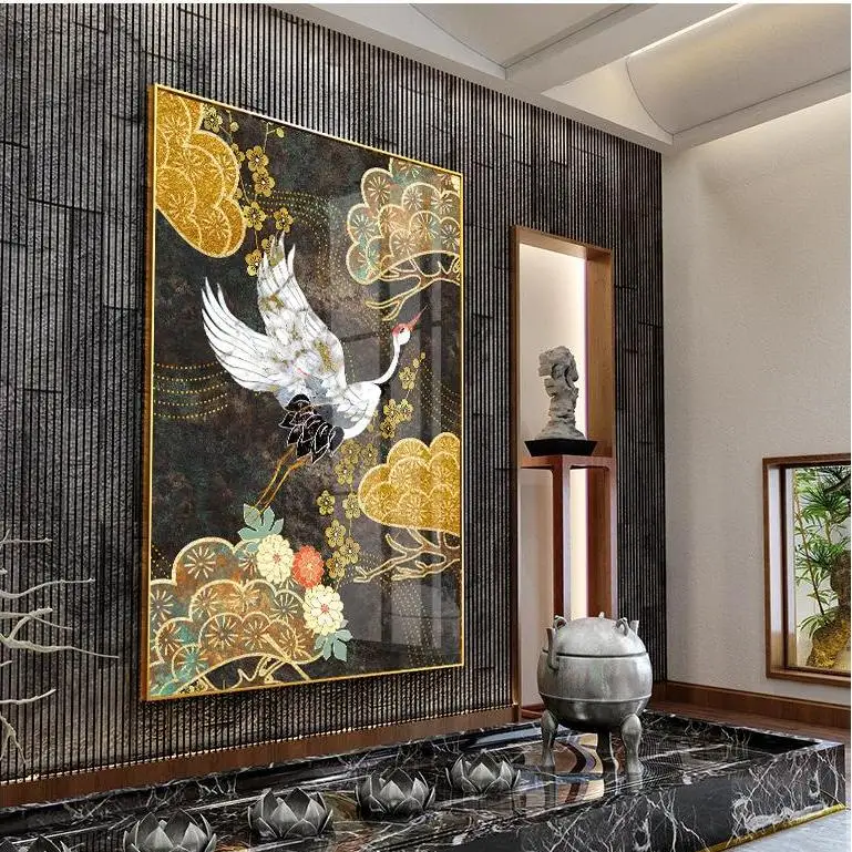 
Free sample Alloy Golden Fish Light Luxury Golden Geometric Abstract Mural Background Wall Decor Painting With Wood Painting 