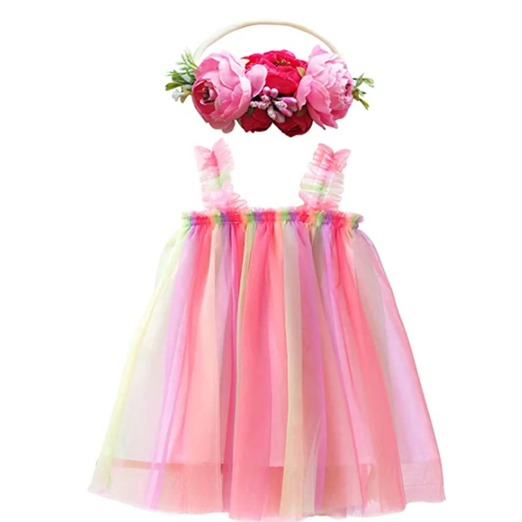 Baby Kids Girl Tutu Dresses Toddler Short Sleeve Dress 1st First Birthday Rainbow Princess Pom Dress with Flower Headband