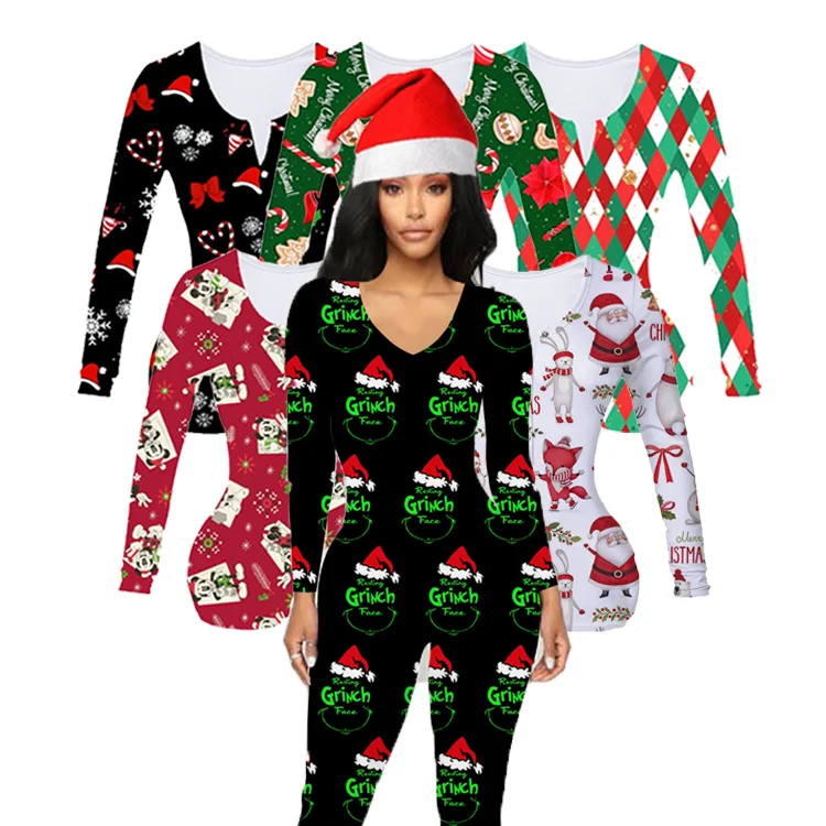2022 Christmas Onesie Pajamas Custom Print Adult Onesie  Women Long Sleeve Blank Christmas Pajamas Onesie Jumpsuit Pajamas
