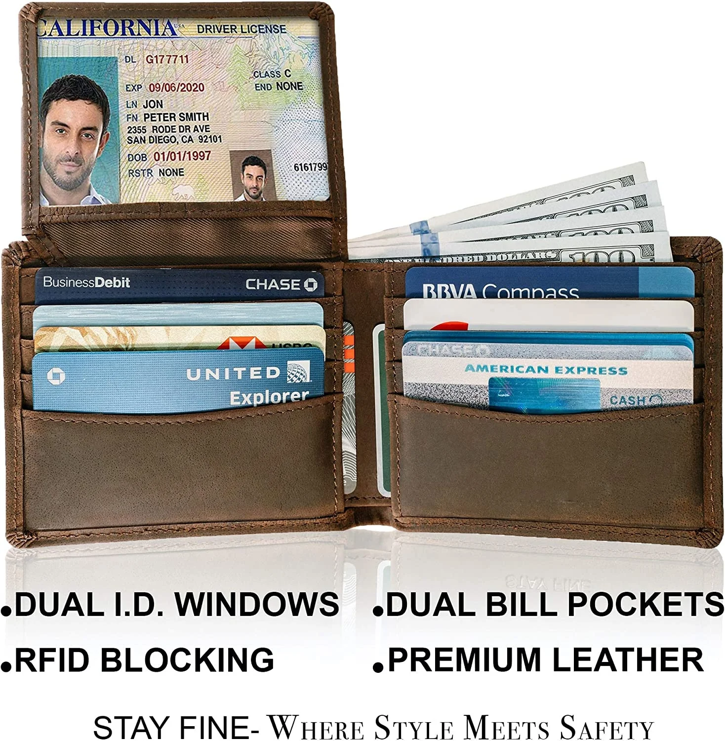 Top Grain Leather Wallet for Men RFID Blocking Extra Capacity Bifold Wallet with 2 ID Windows Ultra Strong Stitching