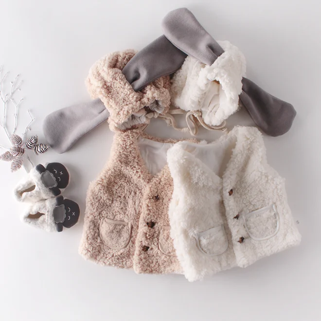 KS3637 Funny baby winter clothes lamb fur vest and hat set 2021 quality baby fur vest