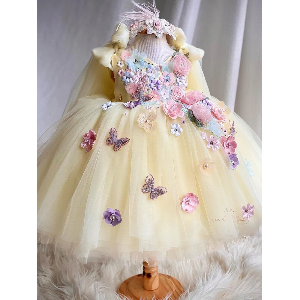INS latest design children clothing girls 3D butterfly flower baby girls princess wedding dress ball gown for kids