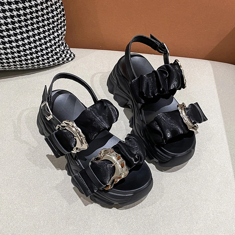 Dropshipping Custom Logo Summer Pink Women Leather Sandals Fashion Designer Ladies Platform Chunky Wedge Heel Sandals