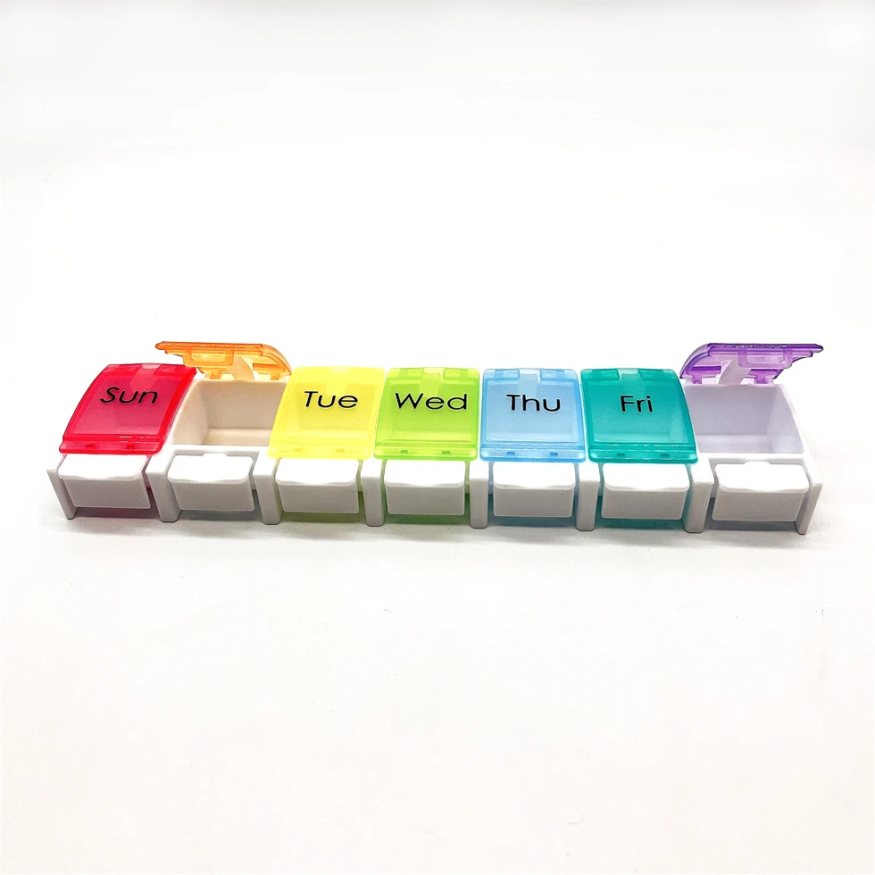 factory plastic rainbow 7 day travel pill box weekly BPA free factory custom language Germany Russian vitamin organizer