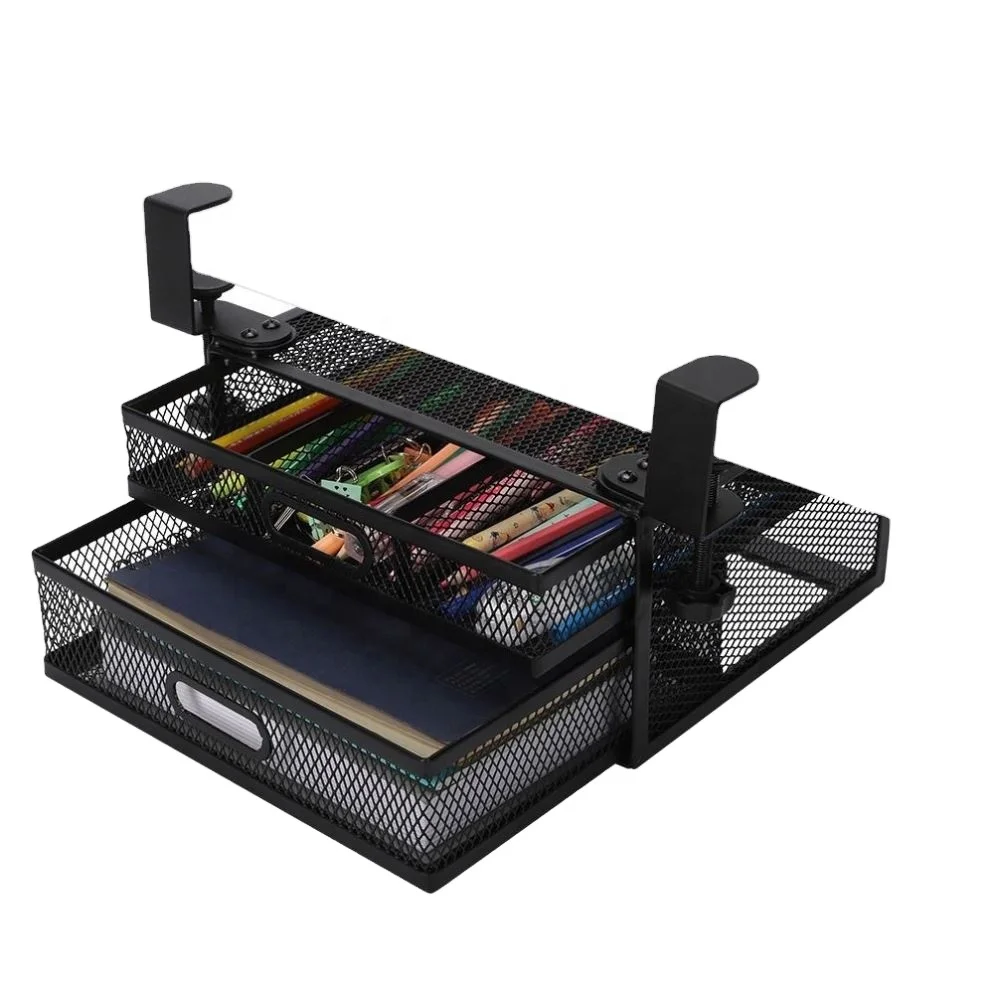 Desk Storage Box Organizer Iron Pallet Storage Basket with Sliding Drawer Cable Management for Office Use