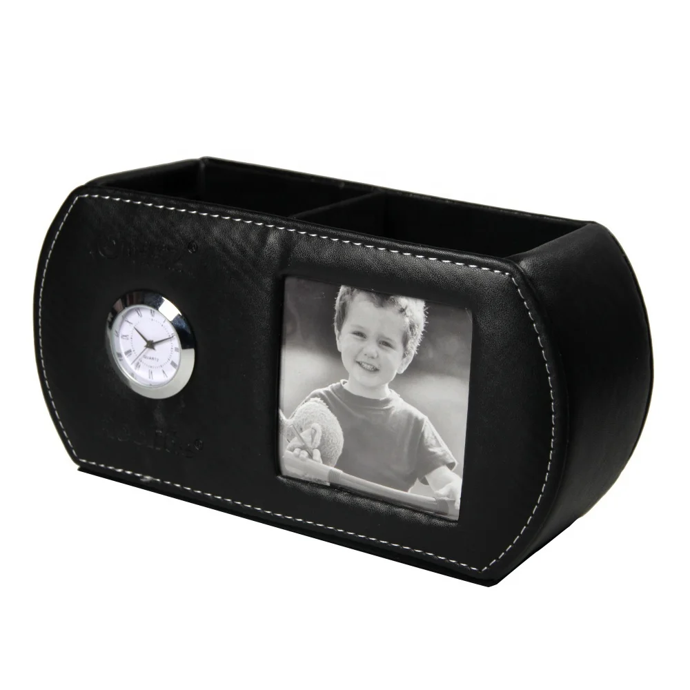 LG-B055  geometric shaped with mini needle clock and photo frame faux leather desk organizer pen holders gift