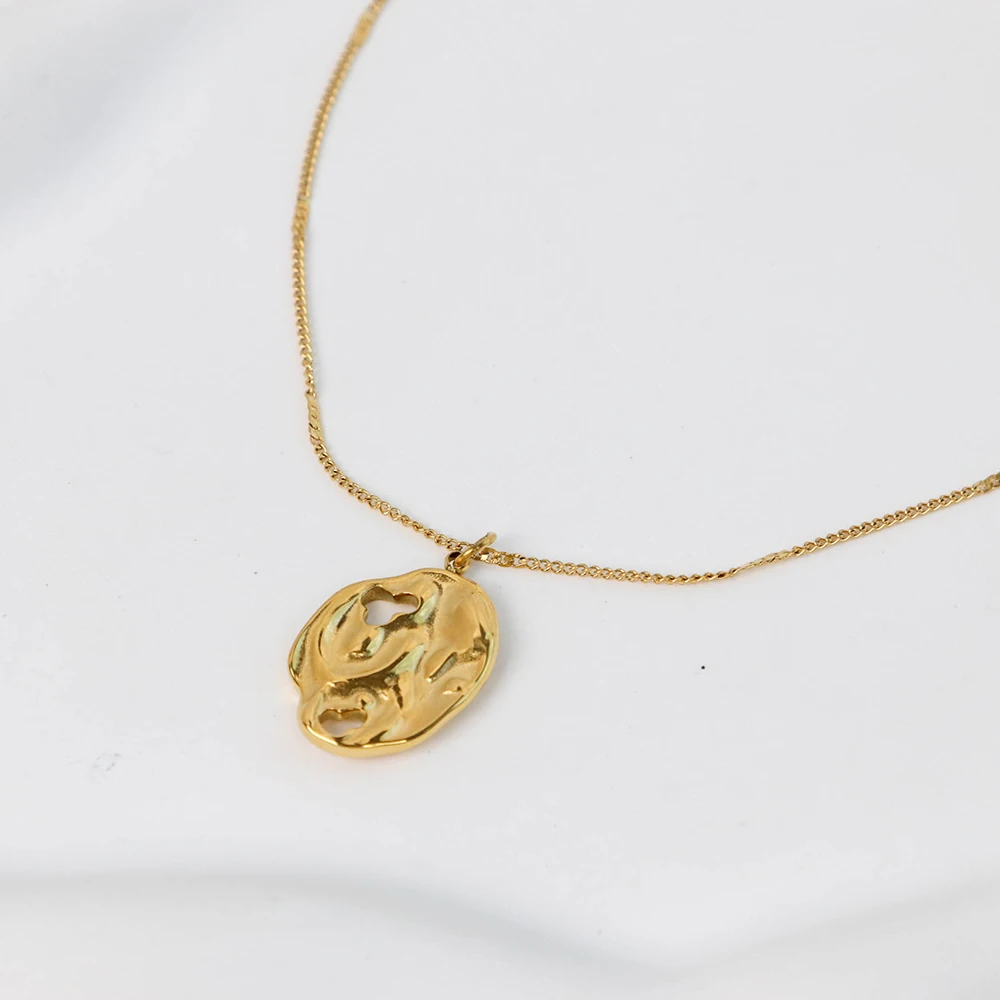 Chris April Fashion design PVD gold plated 316L stainless steel  bumpy texture hollow rocky organic pendant necklace