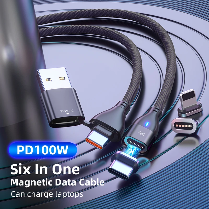 Magnet USB data cable 6 in 1 PD100W super quick charging cable for all mobile phones USB a+c plug charger adapter
