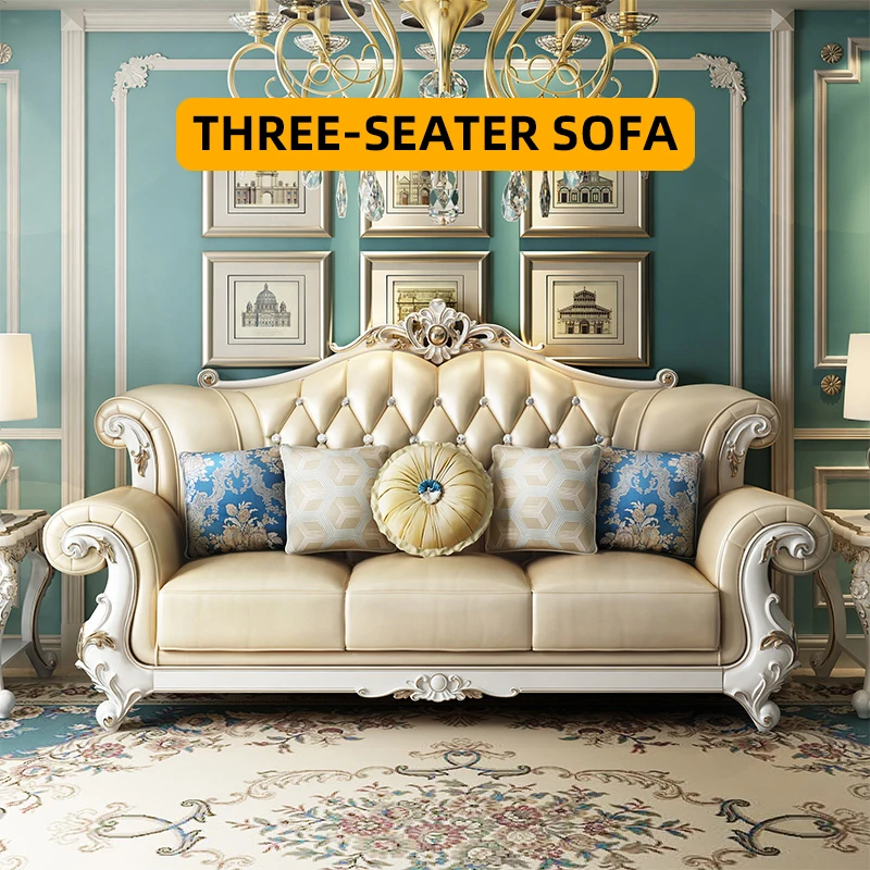 Royal European Style Sofa Flower Leather Victorian Vintage Classic Sofa Furniture Solid Wood Carved Luxury Classic Sofa Set