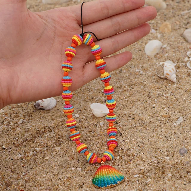  Woying 2021 Boho Colorful Handmade Wave Spherical Beads Phone Strap Beach Wind Acrylic Shell Key Chain