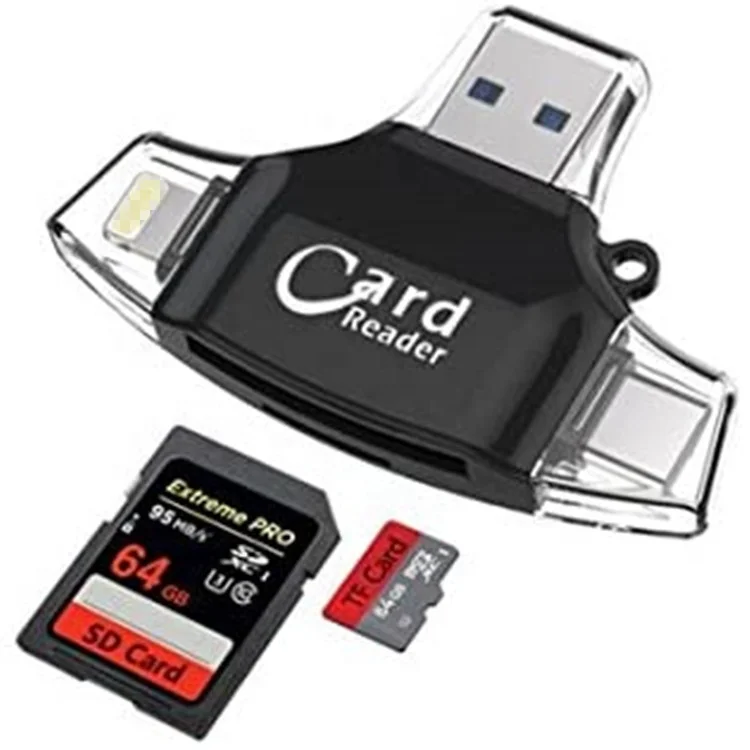 SD Card Reader, 4 in 1 Memory Card Adapter, SD/TF Card Adapter to View Game Camera Photos Videos for iOS/Android Phone Tab