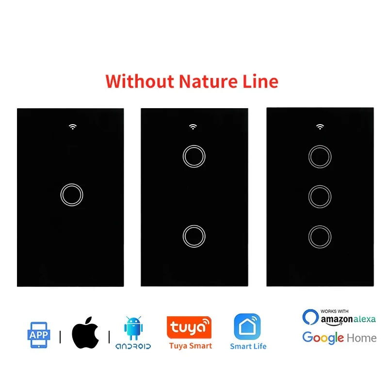 10A Tuya WIFI 1/2/3Gang 1 Way Wall Light Electrical Switch Supports 4MM Tempered Touch Glass and CE RoHS FCC Certification