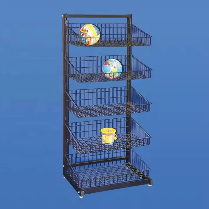 Custom Supermarket Snack Food Potato Chip Drink Bottle Bread Metal Wire Basket Inclined Cage Storage Display Rack Stand
