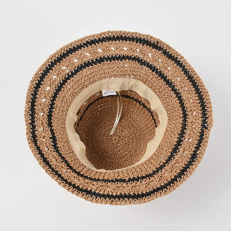 2024 Wholesale Beach Wide Brim Floppy Sun Hat Summer Hollow out Breathable UPF50+ Stripe Hand Woven Packable Straw Hat for Women