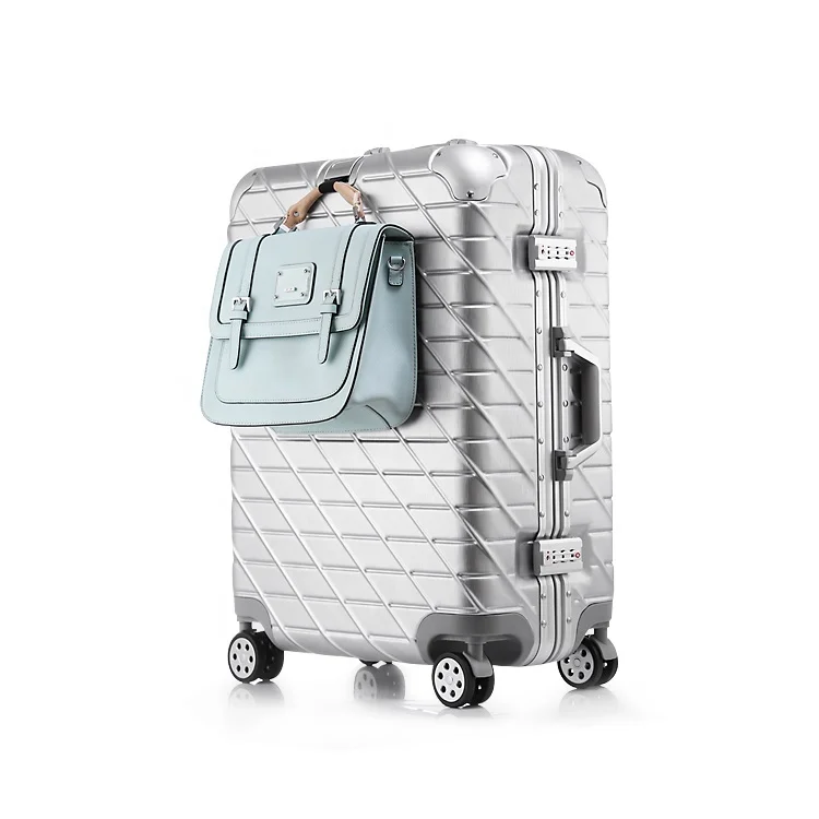 4 wheel aluminium striped luggage soft side metal frame luggage with hidden compartment carry on business suitcase