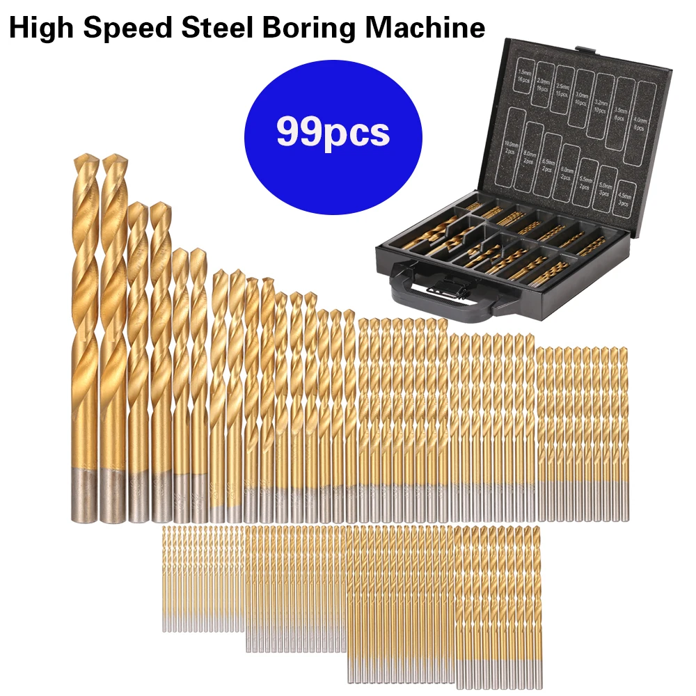 99pcs Twist Drill HSS Titanium Coated Twist Drill Bit Set  with Case Box  For Drilling Iron
