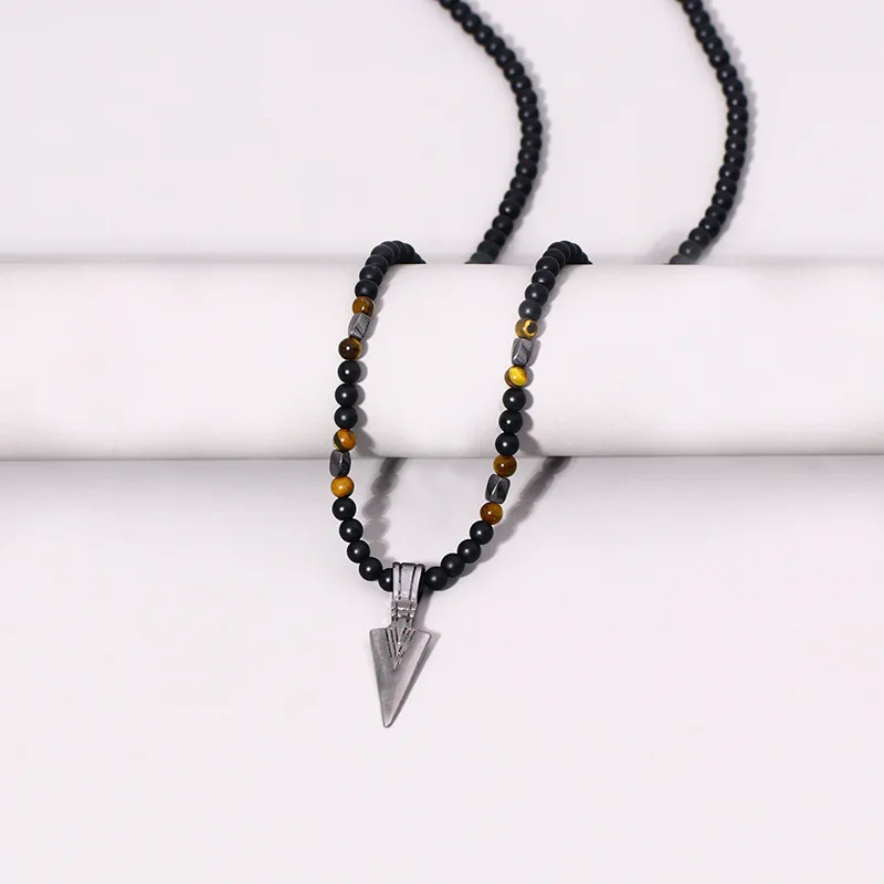 New Design Magnet Diamond-Shaped Column Triangle Pendant Natural Stone Round Beads Punk Necklace Men Jewelry Wholesale Gift
