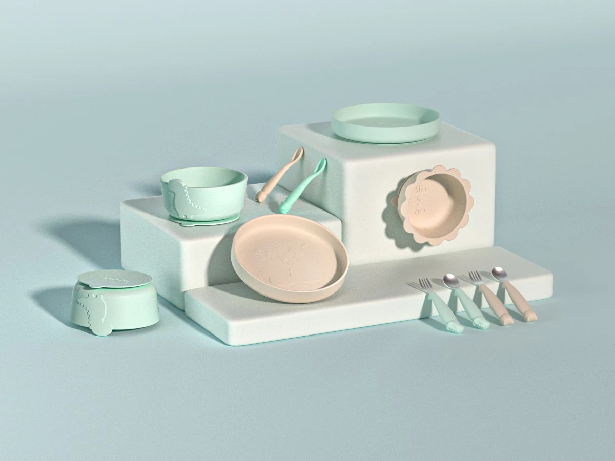 2024 baby products ideas beige aquamarine green colored lovely cartoon silicone silicon baby cat dinosaur plate new arrival