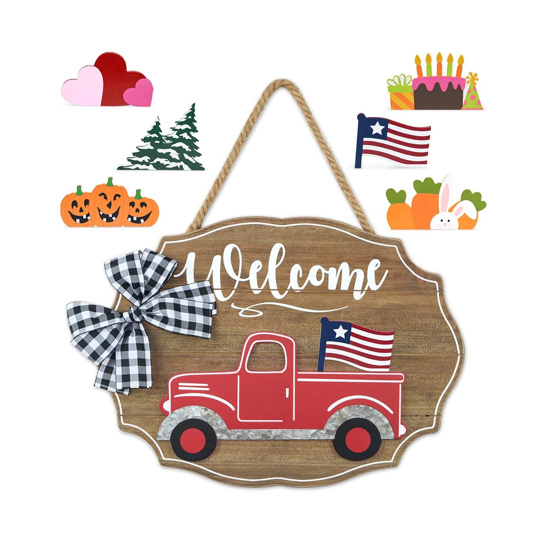 Truck Welcome Sign for Front Door Red Truck Decor with 6-PC Interchangeable Seasonal Icons Farmhouse Wooden Wall hanging