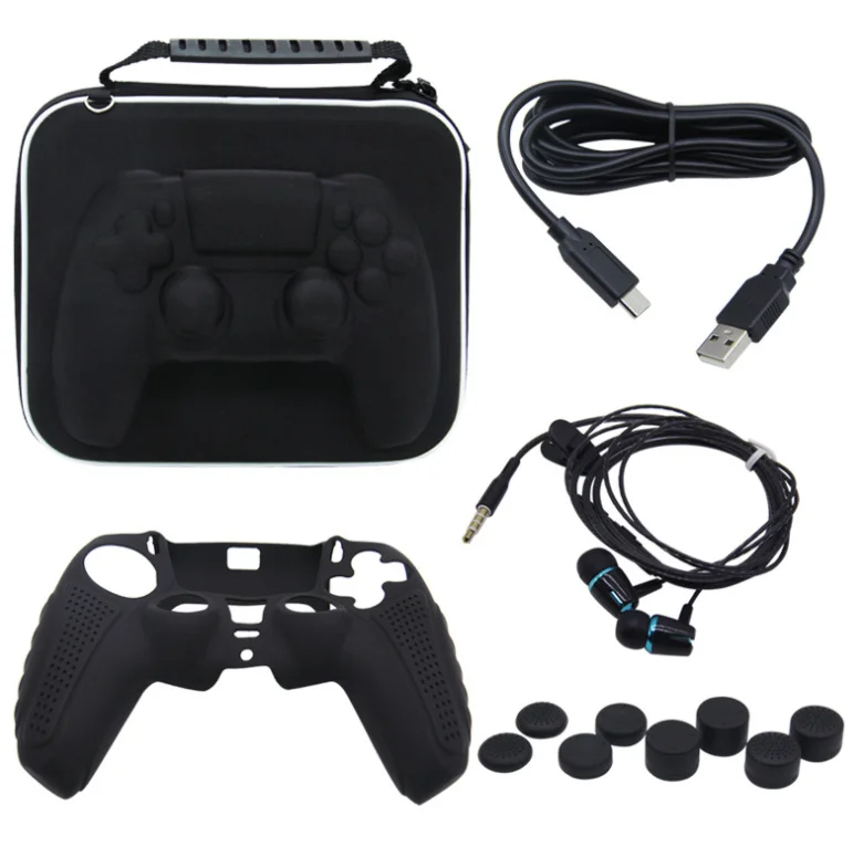 12 in 1 for PS5 game controller storage bag set with silicone cover charging cable headphone 8 pieces joystick caps accessories