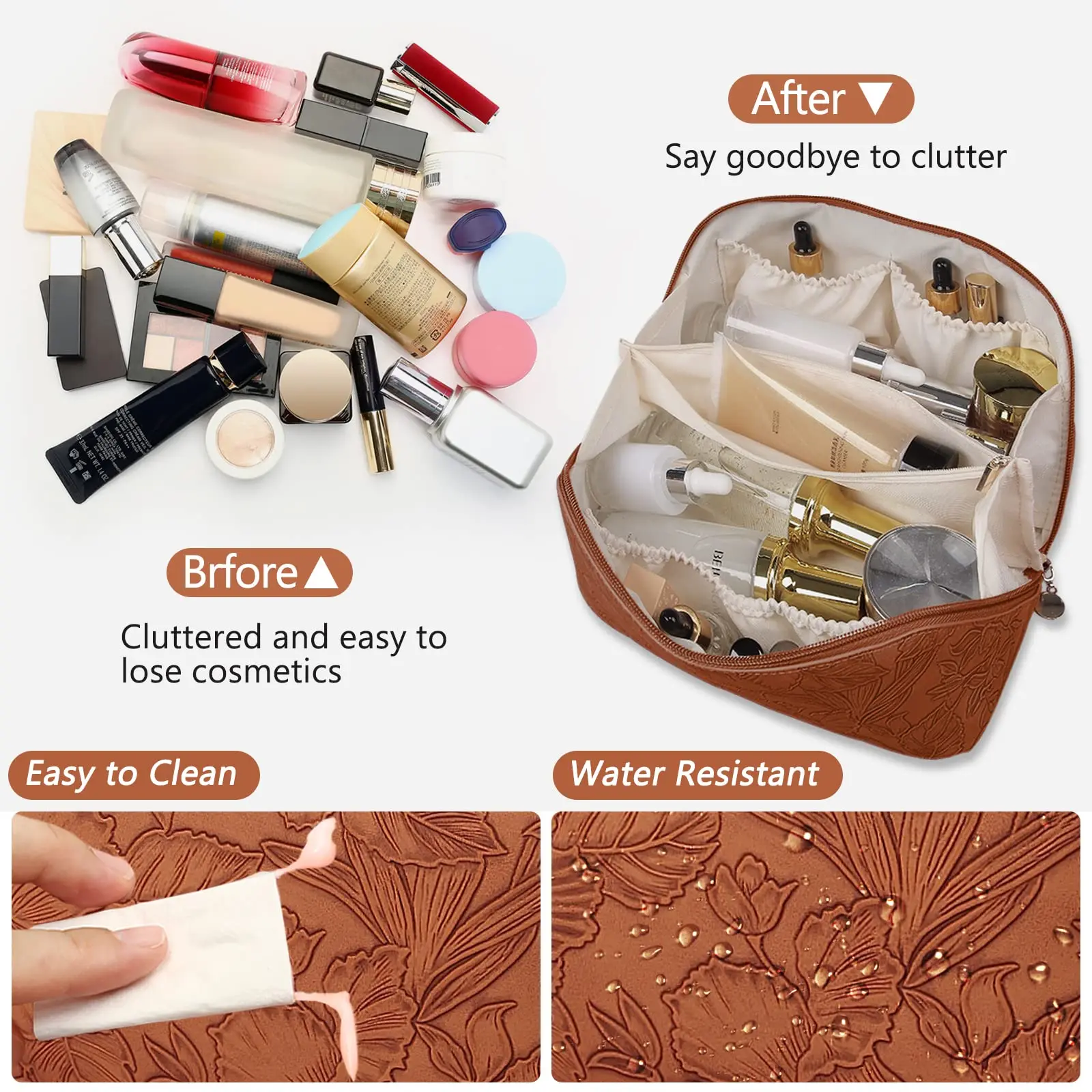 Travel Makeup  Cosmetic Bag With Compartments Large Capacity Water Resistant PU Leather Makeup Bag Lay Flat Makeup Bag