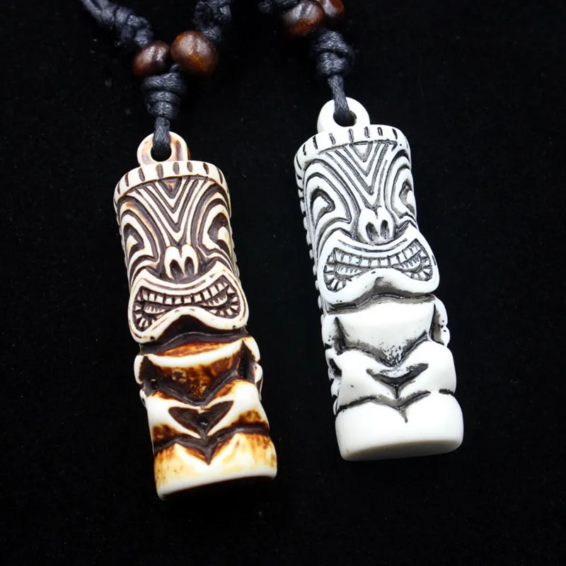2024 Vintage Tiki Statue Pendant Necklace Acrylic Wood Bead Necklace Wax Rope Leather Necklace Jewelry for Boys Men