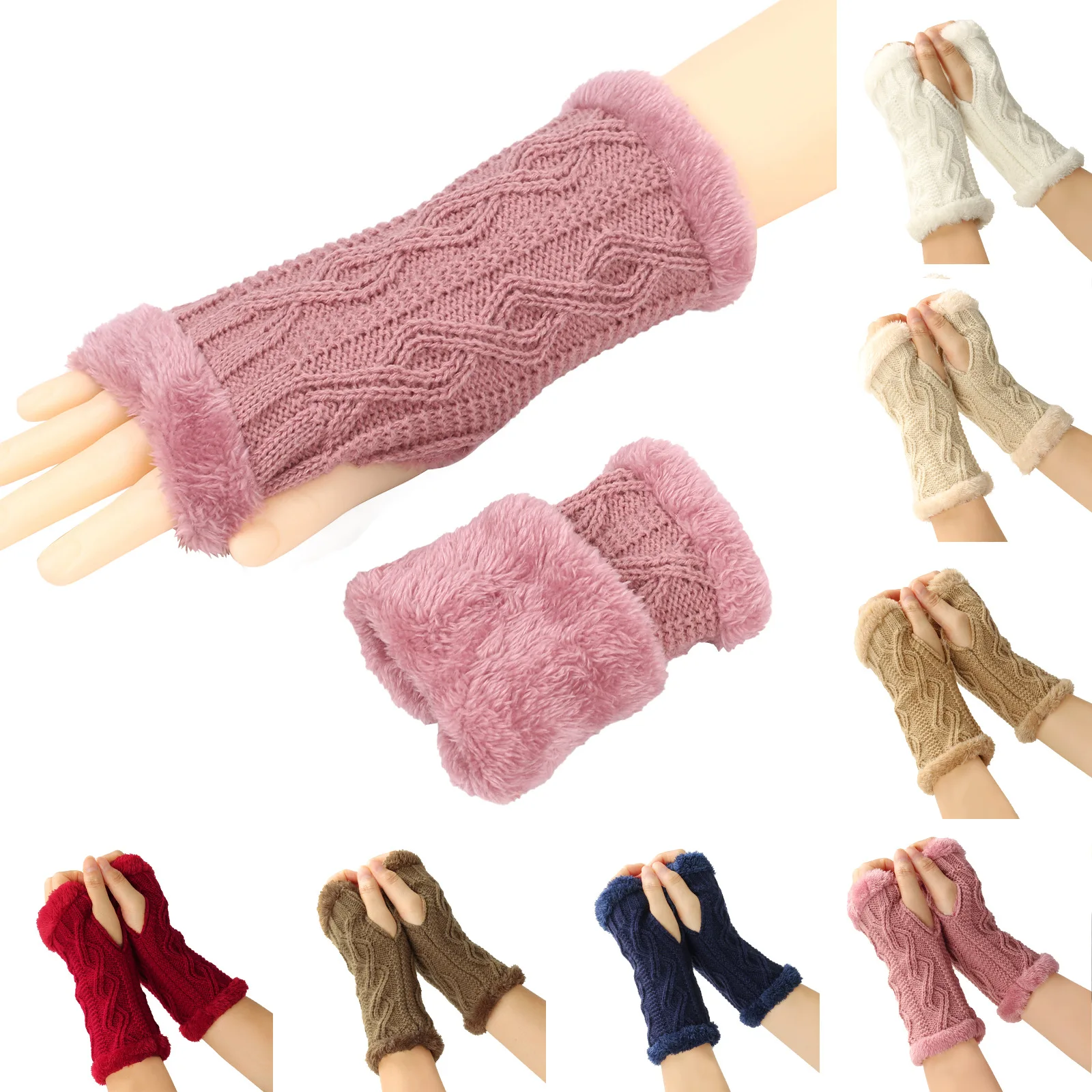 FF3203 Women Fuzzy Fluffy Fur Knit Gloves Mittens Thumbhole Short Wrist Warmers Winter Knitted Fingerless Gloves Arm Warmers