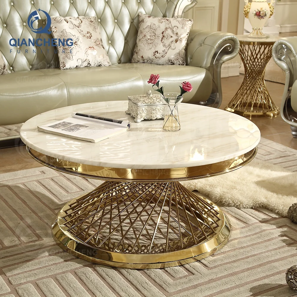 Golden wire stainless steel base round coffee table modern design luxury living room white marble top coffee table