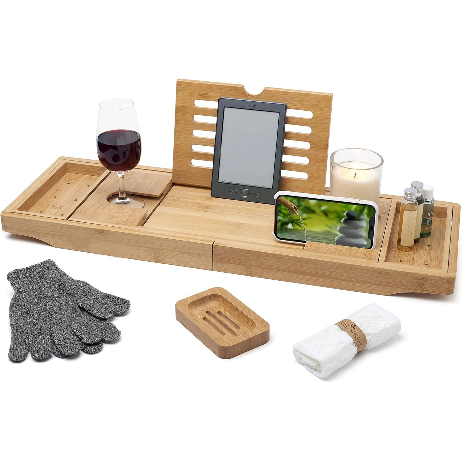 Bamboo Wooden Adjustable Expandable Bath Bathtub Tray Book Stand And Soap Tray