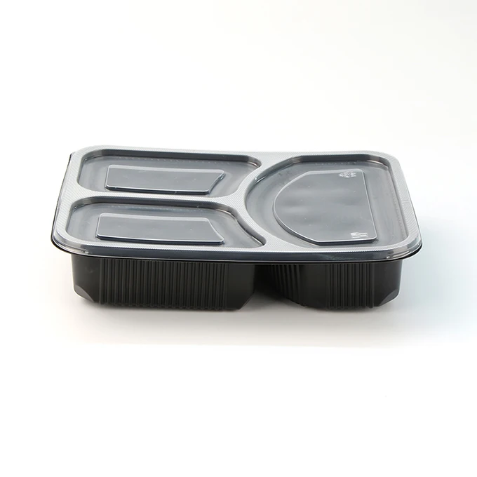 Eco Friendly Black Heavy Weight Microwave Disposable Food Bento Boxes Take Away 3 Compartment Lunch Boxes With Clear Lid