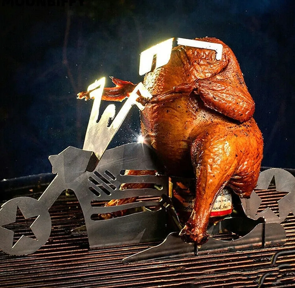 Bike Beer CanChicken Stand Motorcycle Barbecue Grilling Rack Non-Stick Stainless Steel Chicken Grilling Roast Stand BBQ Tool