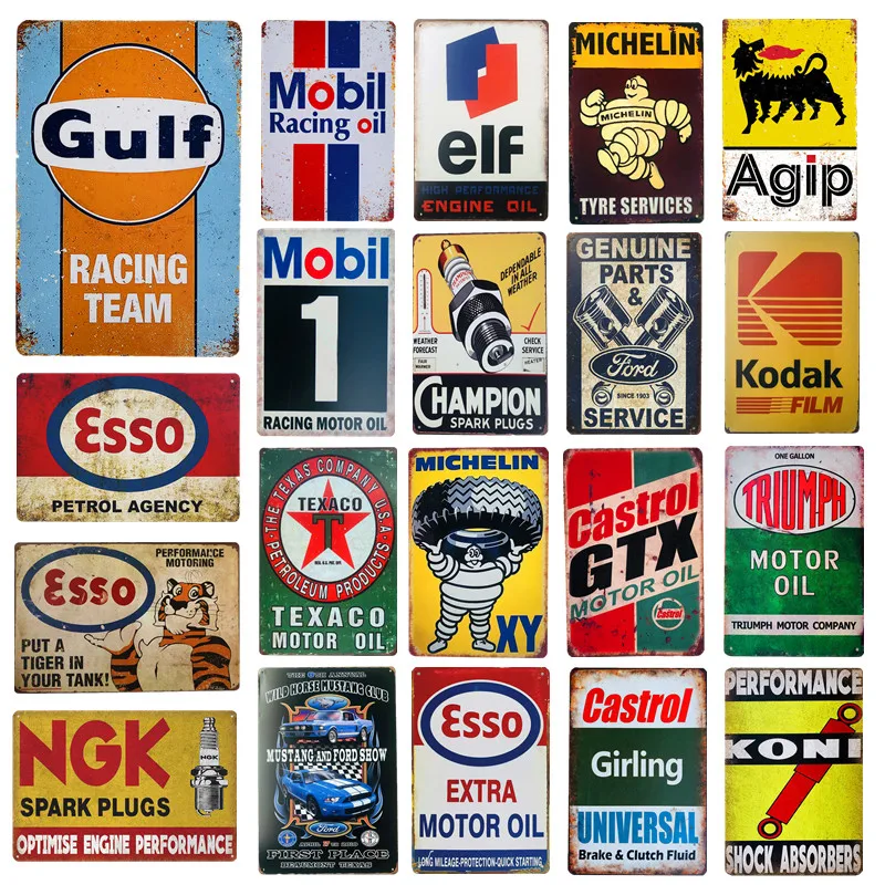 Shabby Chic Vintage Metal Tin Signs Gulf Esso Agip Man Cave Plate Motor Oil Garage Wall Stickers Gas Decor Plaque