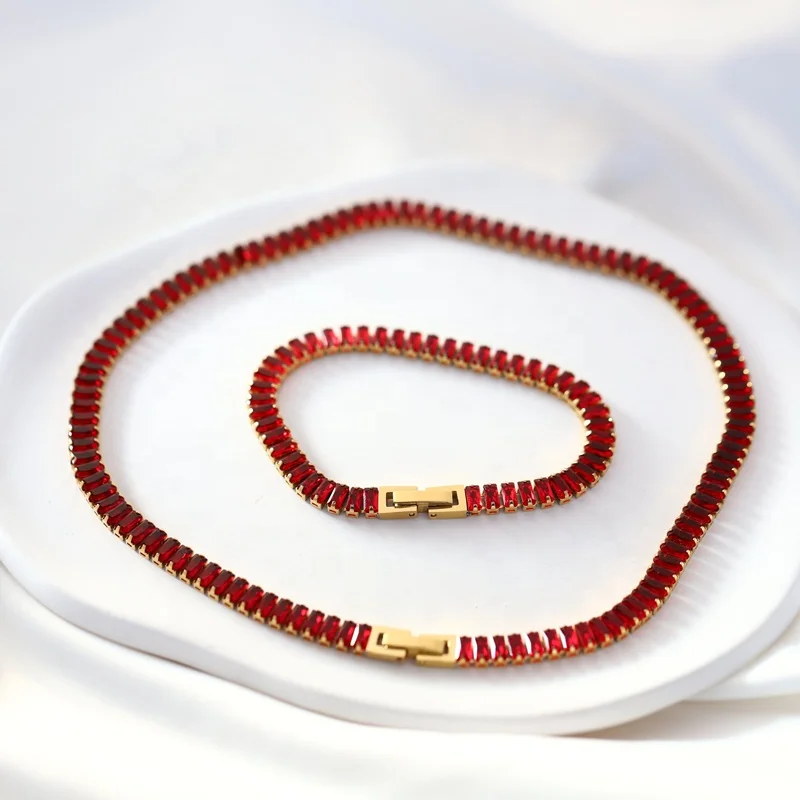 Wholesale Women Jewelry 18K Gold Plated Stainless Steel Rainbow Colorful Baguette Diamond Tennis Bracelet