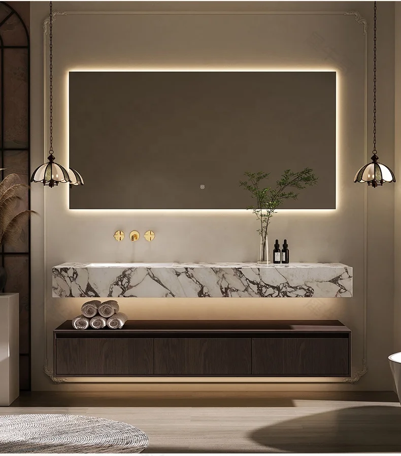 2025 Hot Selling Modern Design Marble Bathroom Vanity Set with Wall Mount Mirror Customized for Hotels and Restrooms