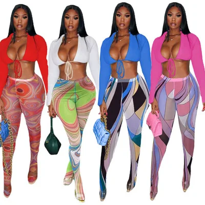 Women Outfits 2 Piece Custom Sexy Short Top Casual Print Pants Fall Women Clothing Club Outfits Tracksuit Two Piece Pants Set