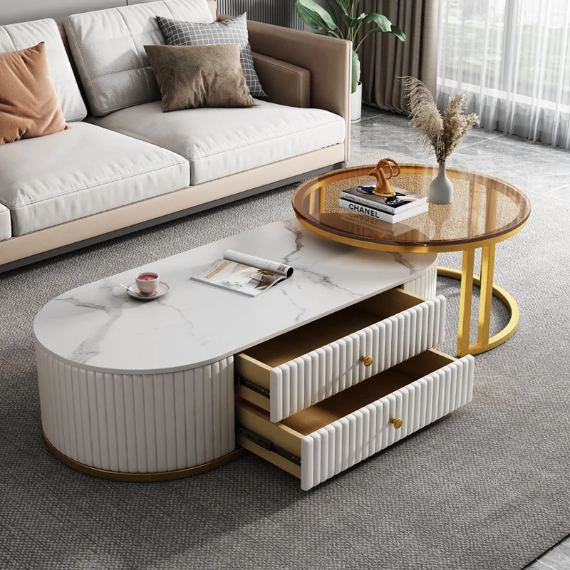 Modern Luxury Marble Top Gold Stainless Steel Frame Sectional Glass Round Coffee Table