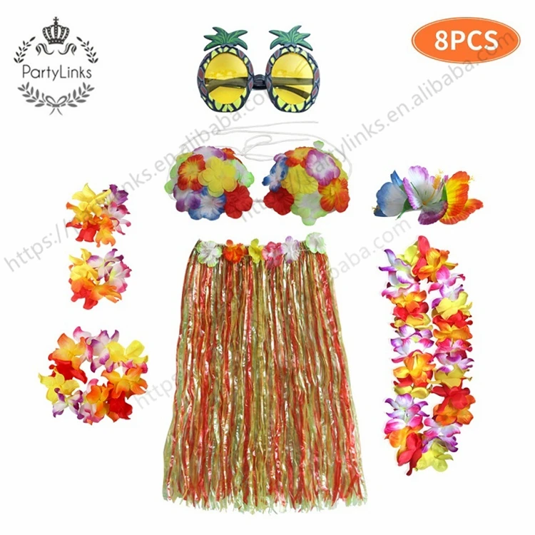1set Plastic Fibers girls Woman Hawaiian Favors Grass Skirt Cheap costume Flower Hula Skirt 60cm dance dress Party Hawaii Beach