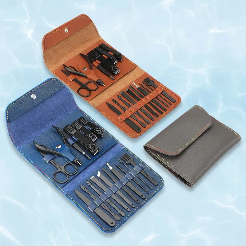 16 Pcs Black Stainless Steel Nail Clipper Cutter Trimmer Grooming Kit Manicure Set Pedicure Toe Nail Art Tools Set Kits